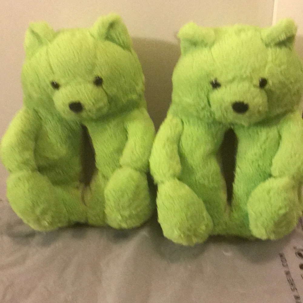 Plush Green Teddy Bear Slippers One Size (5-10)